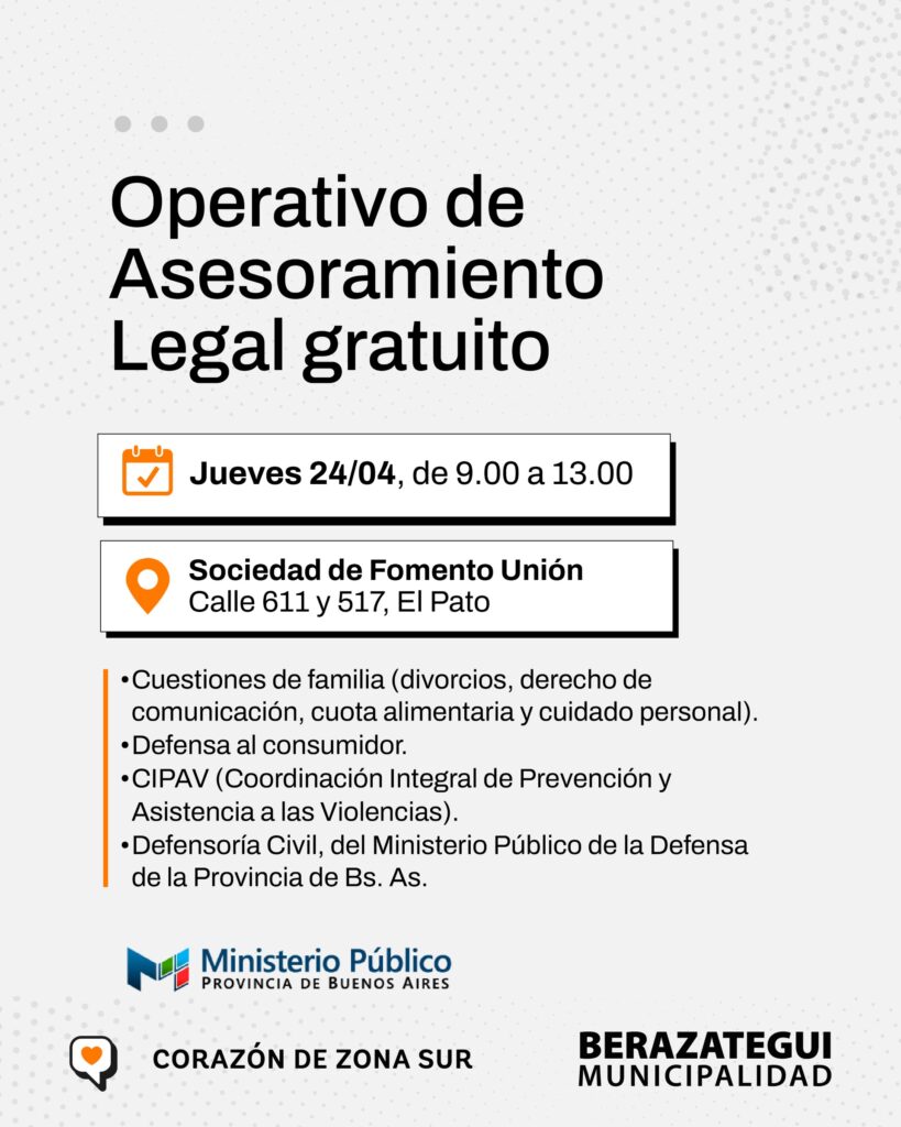 OPERATIVOS DE ASESORAMIENTO LEGAL GRATUITO EN LOS BARRIOS DE BERAZATEGUI